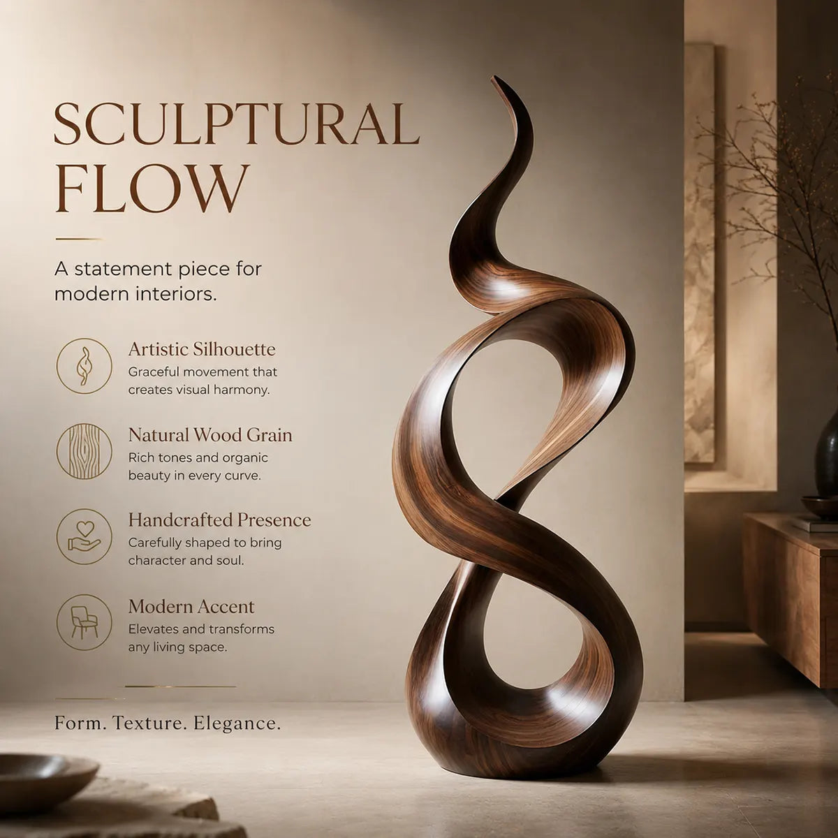 Handcrafted Solid Wood Infinity Twist Sculpture – Modern Organic Floor Art TT006-8603