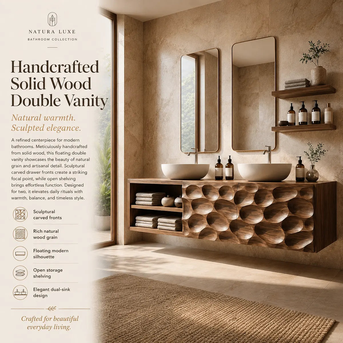 Pebble Carved Floating Double Sink Bathroom Vanity TT006-9978