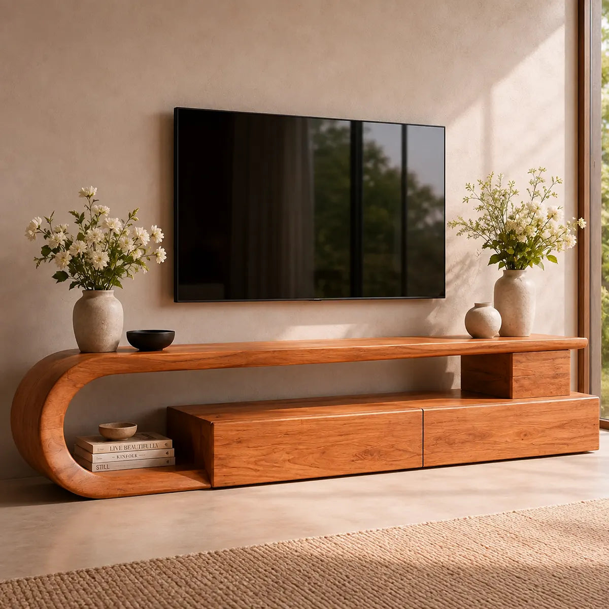 Sculptural Curved TV Stand with 3 Drawers & Open Shelving | Modern Low Profile Media Console TT006-6ELT4UJ
