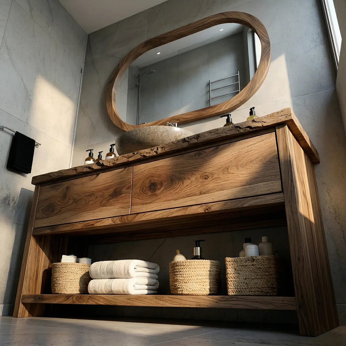 Solid Wood Bathroom Vanity with Live Edge Top, 2 Drawers, and Open Shelf