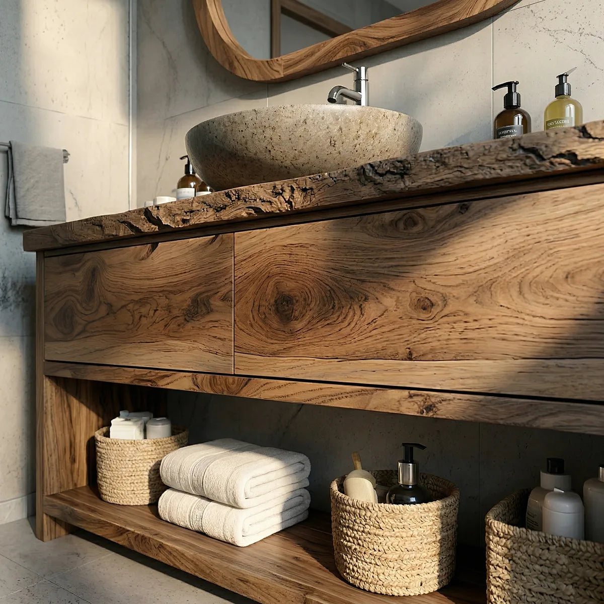 Solid Wood Bathroom Vanity with Live Edge Top, 2 Drawers, and Open Shelf