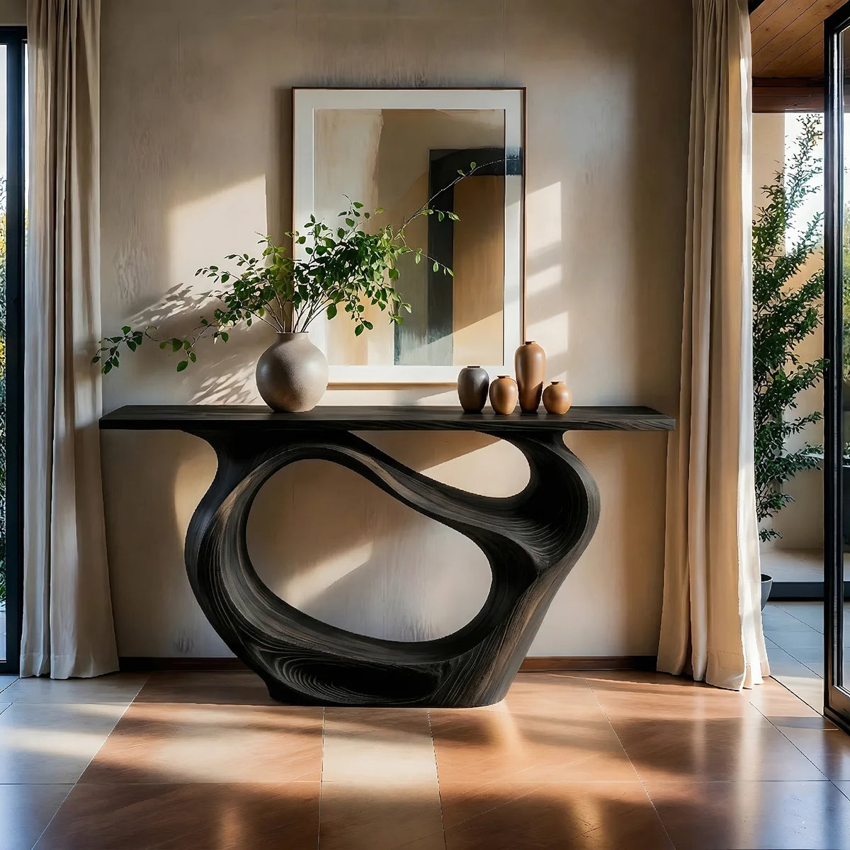 Sculptural Solid Wood Console Table with Organic Openwork Base
