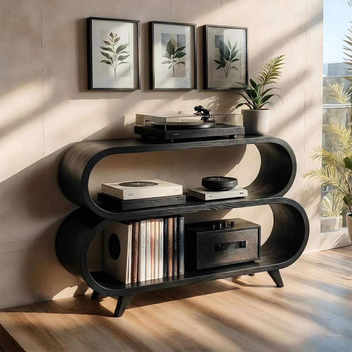 Organic Soft Wave Curved Wood Console Base | Mid-Century Modern Shelving