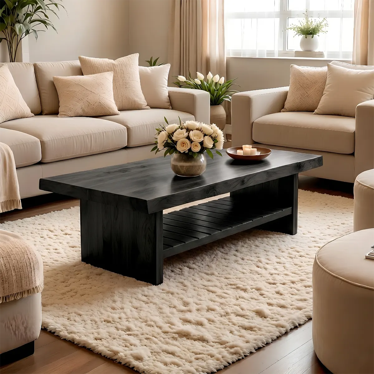 Modern Wooden Coffee Table with Slatted Open Shelf for Home Decor