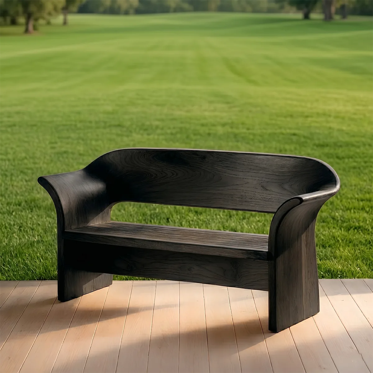 Curved Solid Wood Outdoor Bench with Sculptural Backrest
