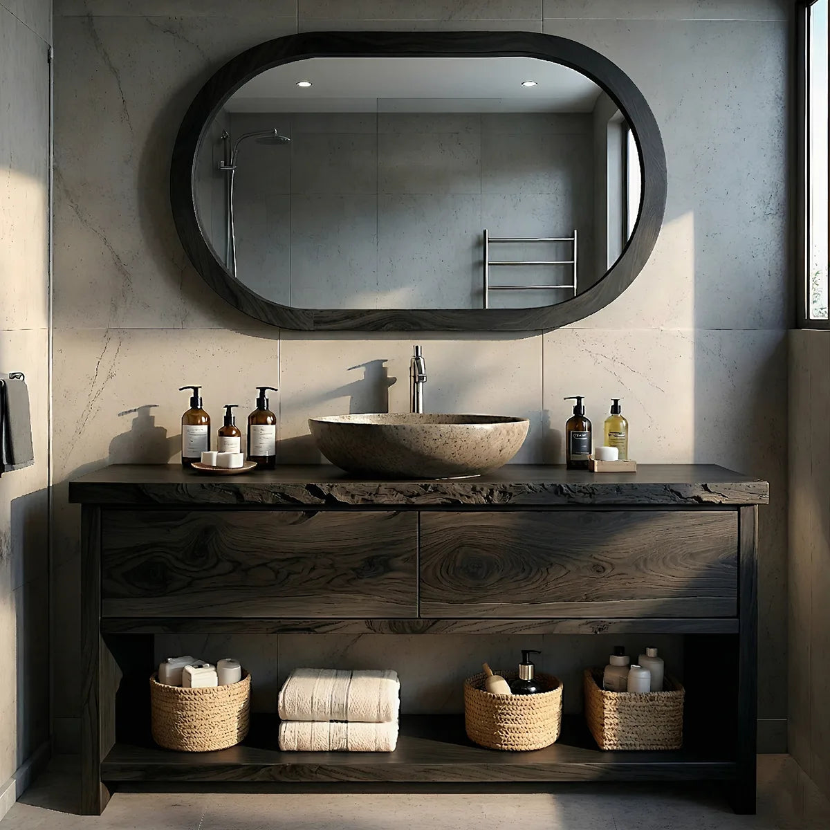 Solid Wood Bathroom Vanity with Live Edge Top, 2 Drawers, and Open Shelf