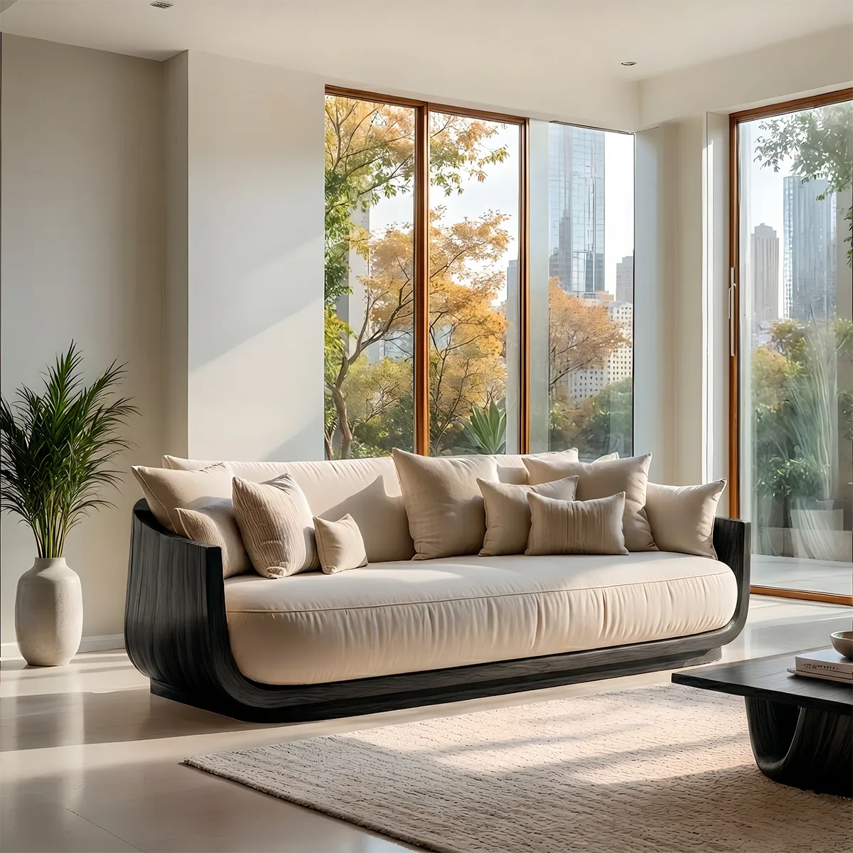 Luxury Organic Modern Solid Wood Curved Sofa with Deep Cushioned Seating