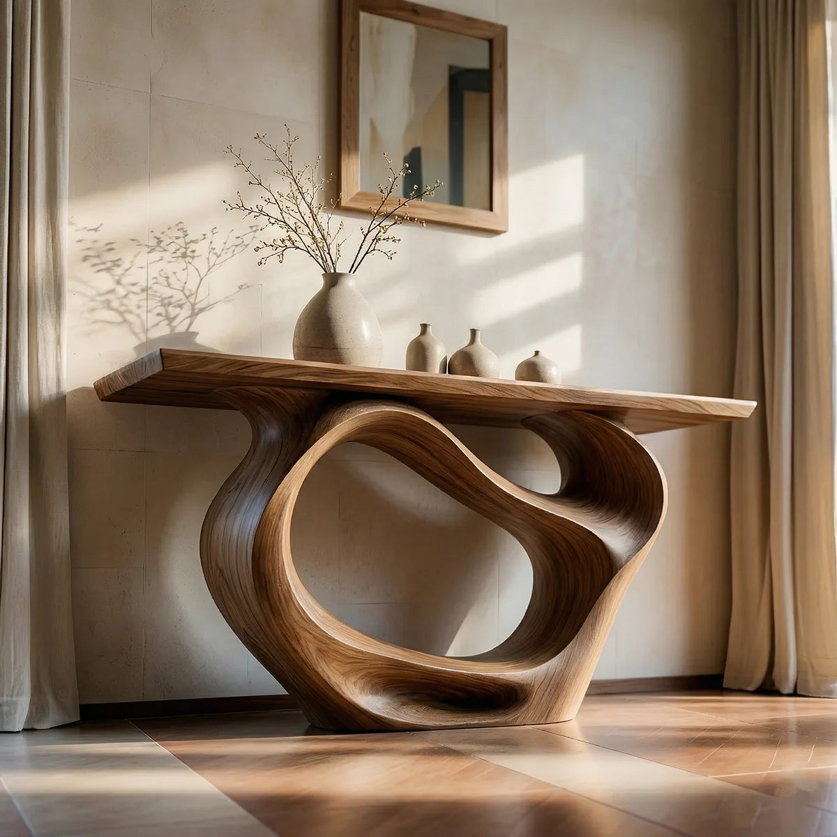 Sculptural Solid Wood Console Table with Organic Openwork Base