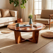 Round Solid Wood Coffee Table – Handcrafted Rustic Modern Living Room Table