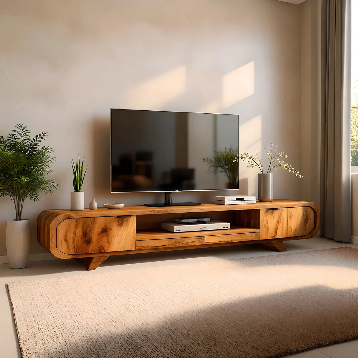 Mid Century Modern Solid Wood Rounded TV Stand with Cabinets