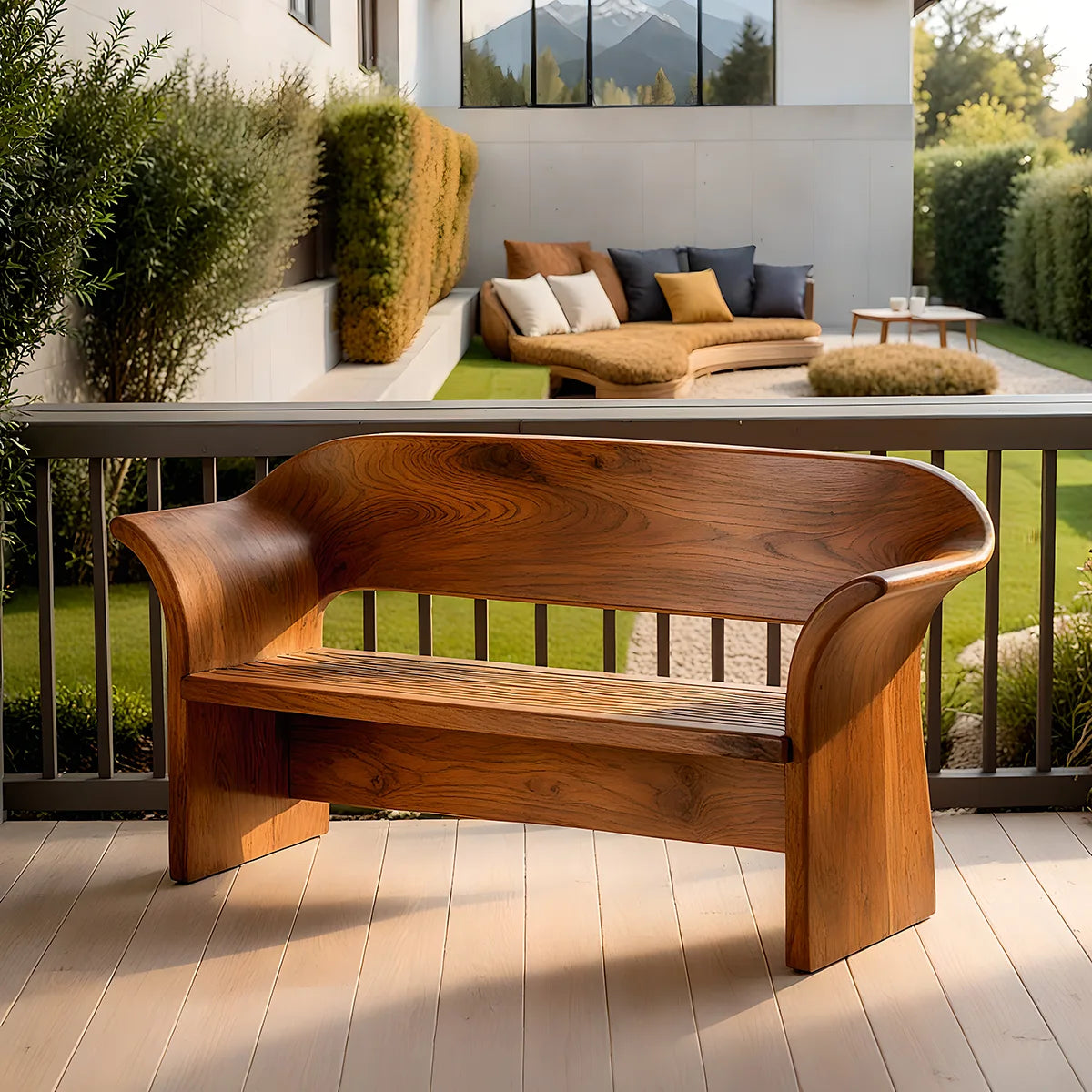 Curved Solid Wood Outdoor Bench with Sculptural Backrest