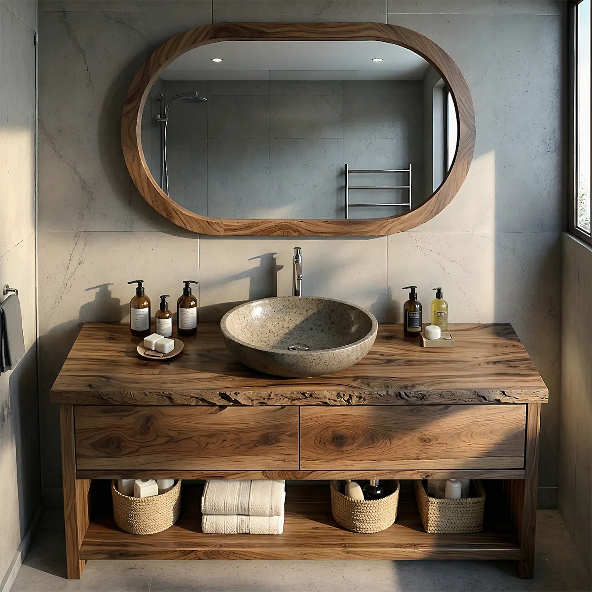 Solid Wood Bathroom Vanity with Live Edge Top, 2 Drawers, and Open Shelf