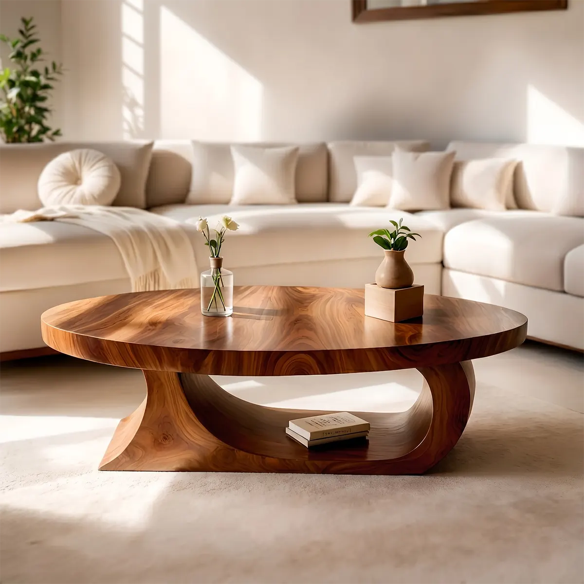 Oval Coffee Table, Organic Modern Wood Coffee Table, Sculptural Loop Base Center Table TT006-5586