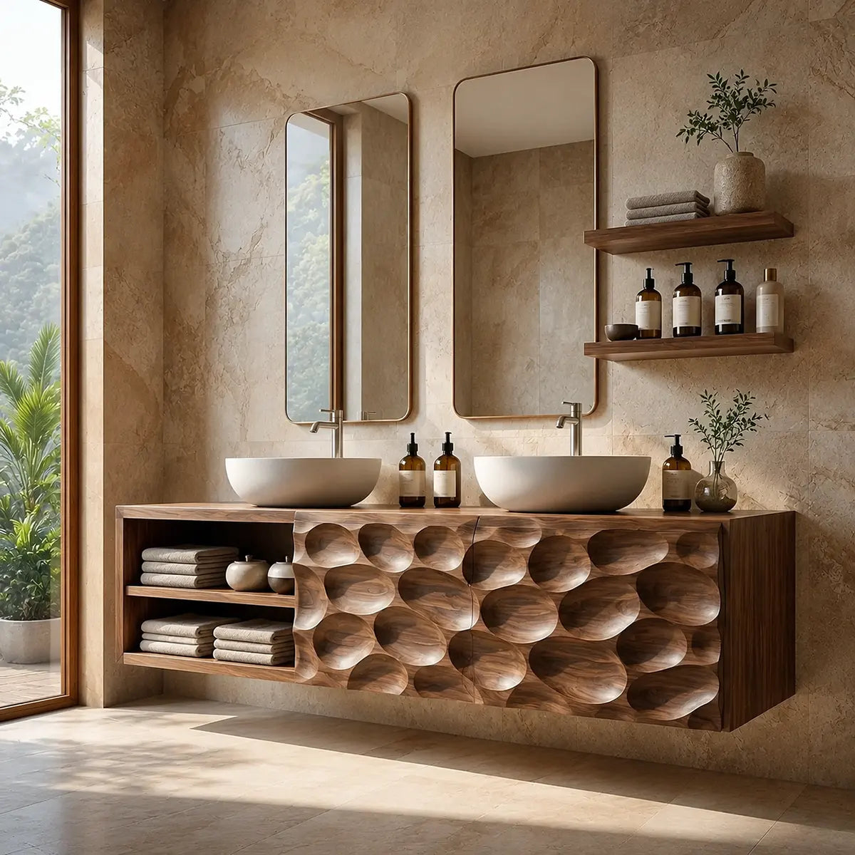 Pebble Carved Floating Double Sink Bathroom Vanity TT006-9978