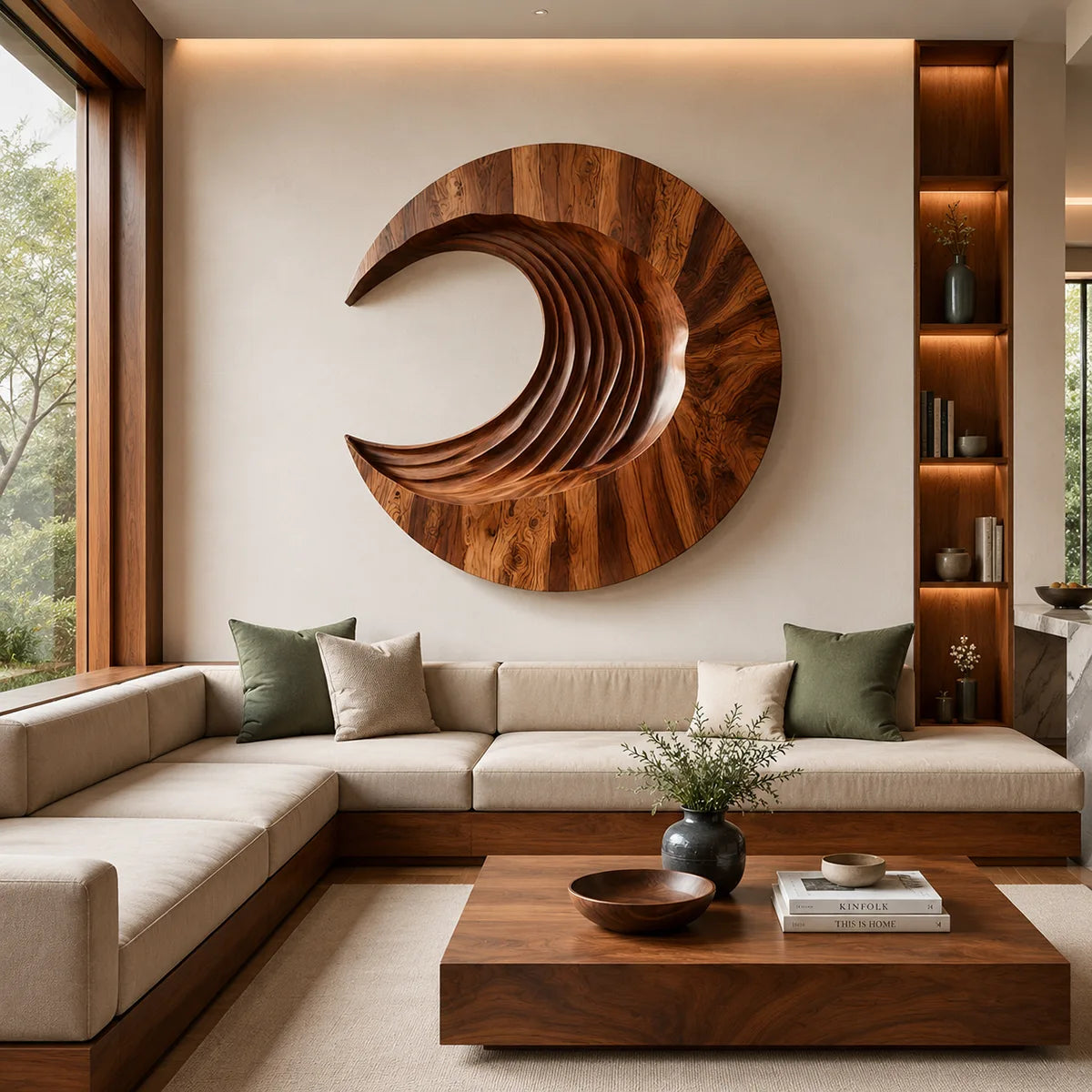 Abstract Crescent Wave Wood Wall Art | Large Round Wooden Wall Sculpture TT006-9169