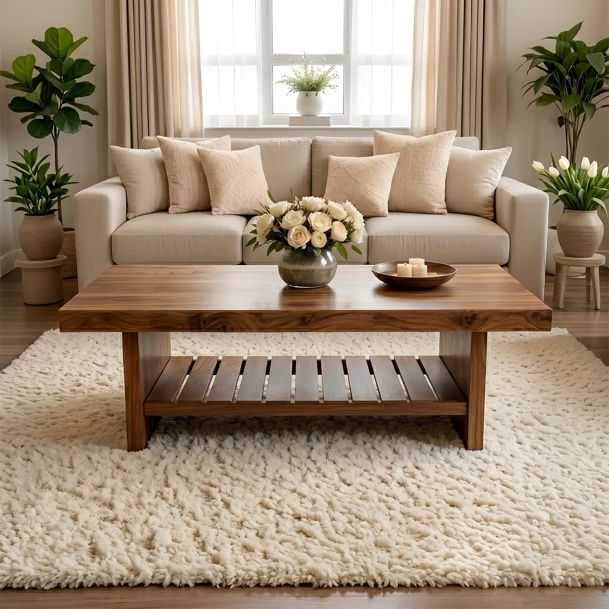 Modern Wooden Coffee Table with Slatted Open Shelf for Home Decor