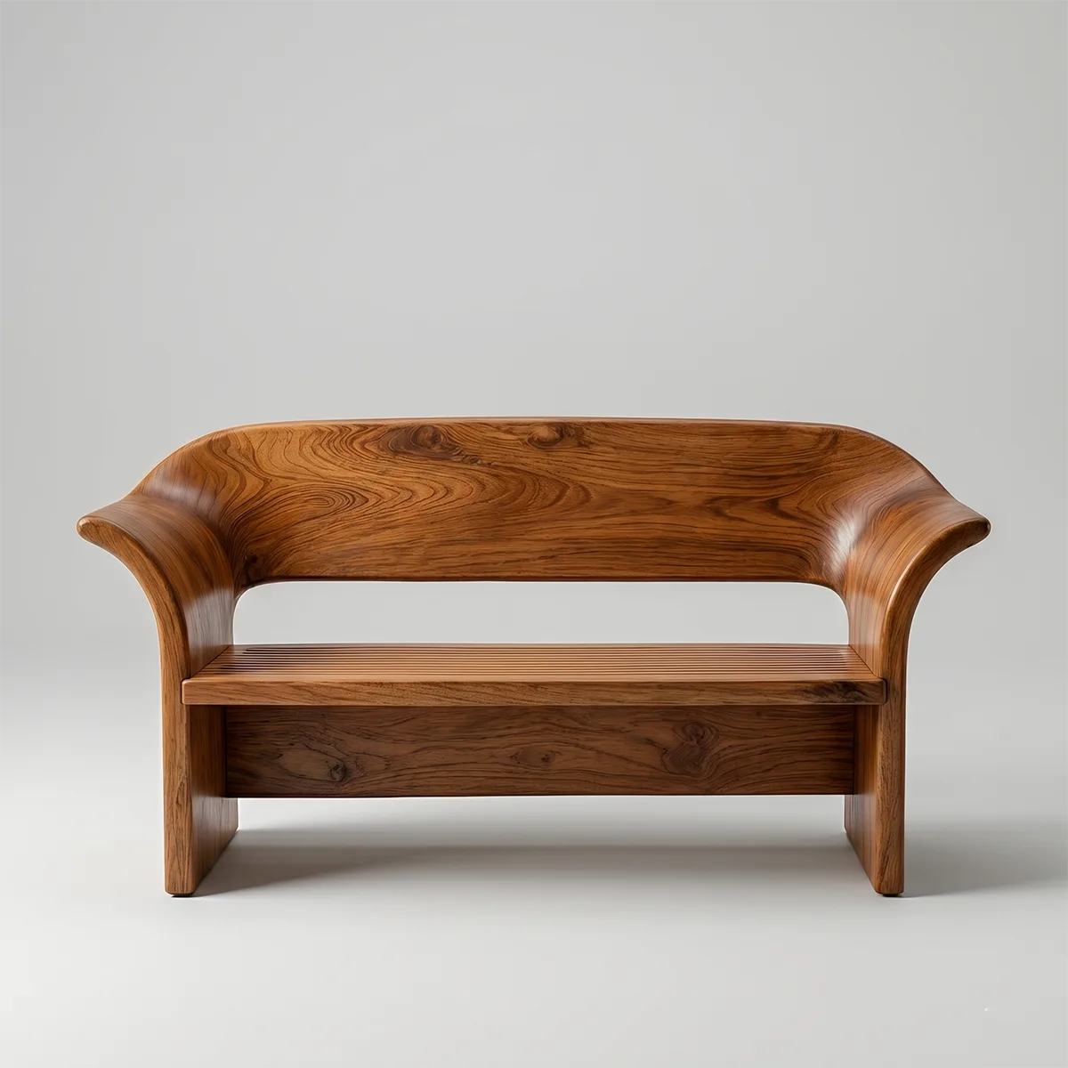 Curved Solid Wood Outdoor Bench with Sculptural Backrest