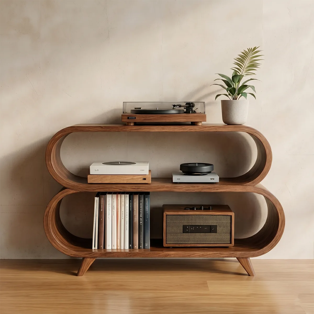 Organic Soft Wave Curved Wood Console Base | Mid-Century Modern Shelving