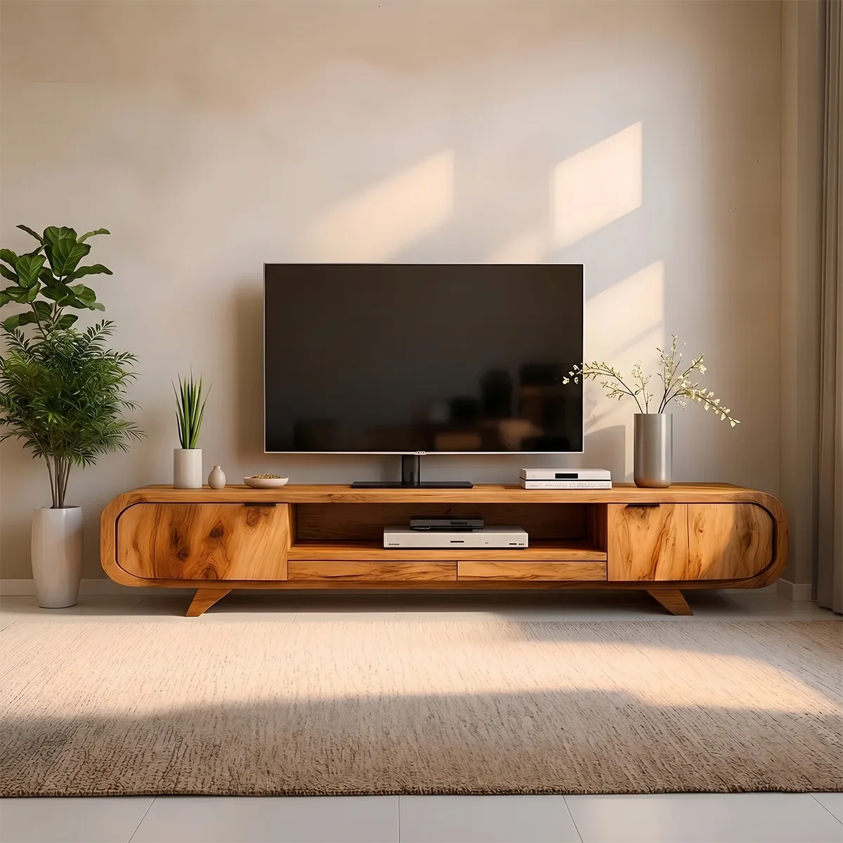 Mid Century Modern Solid Wood Rounded TV Stand with Cabinets