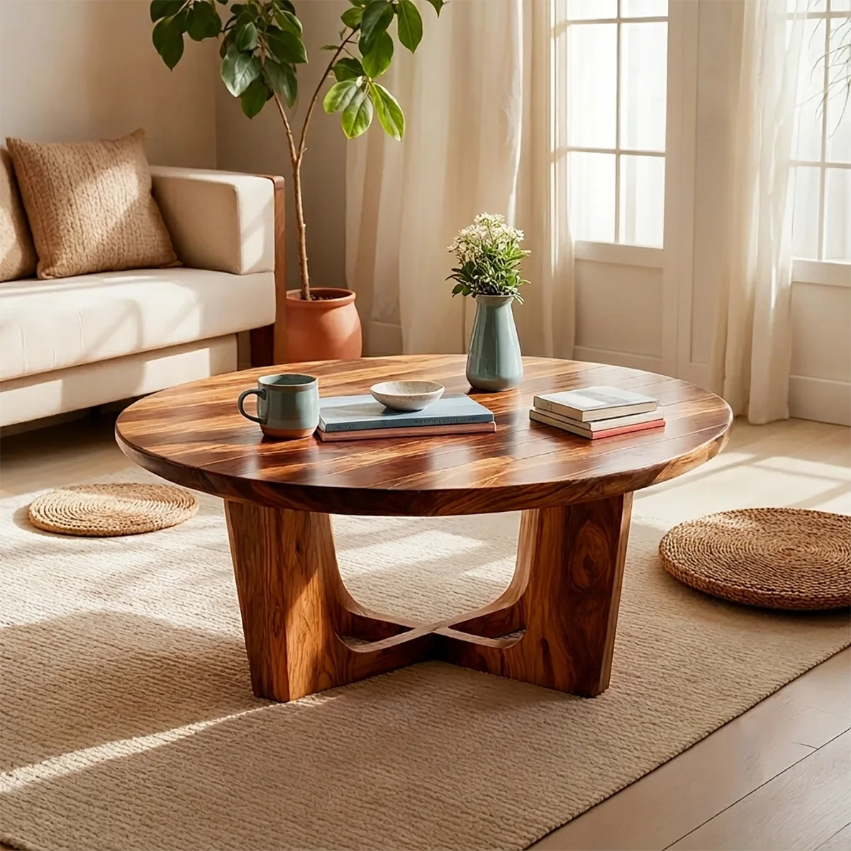 Round Solid Wood Coffee Table – Handcrafted Rustic Modern Living Room Table