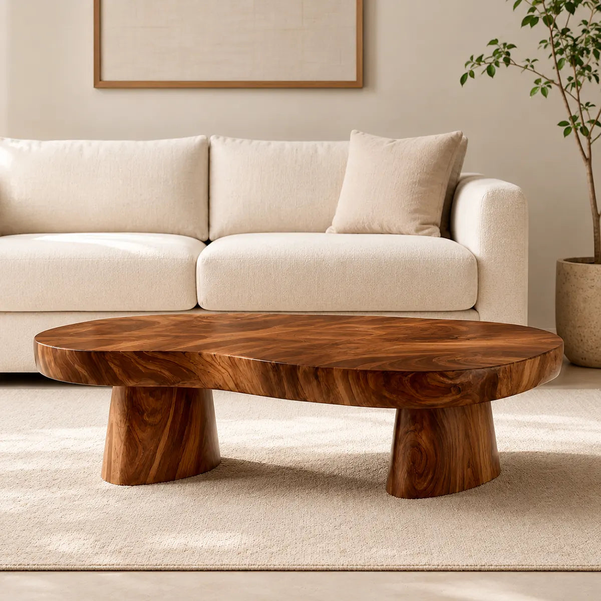 Organic Solid Wood Coffee Table | Sculptural Hardwood Cocktail Table with Dual Pedestal Base TT006-4930