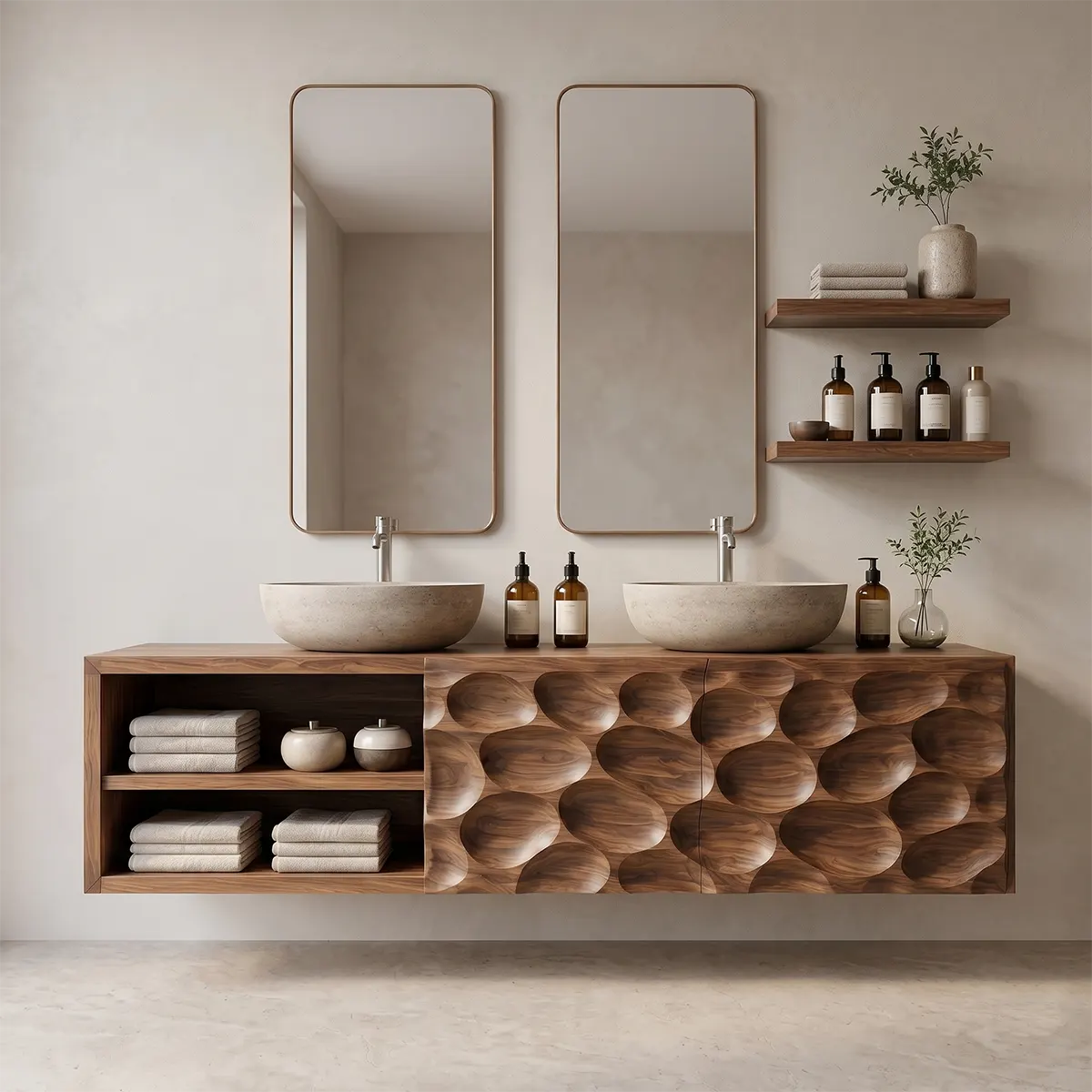 Pebble Carved Floating Double Sink Bathroom Vanity TT006-9978