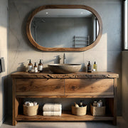 Solid Wood Bathroom Vanity with Live Edge Top, 2 Drawers, and Open Shelf