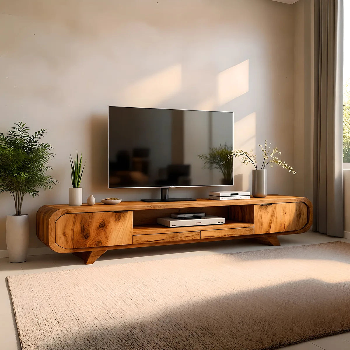 Mid Century Modern Solid Wood Rounded TV Stand with Cabinets