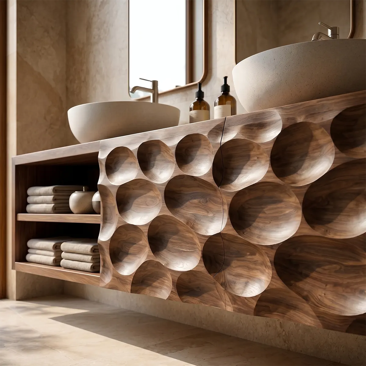 Pebble Carved Floating Double Sink Bathroom Vanity TT006-9978