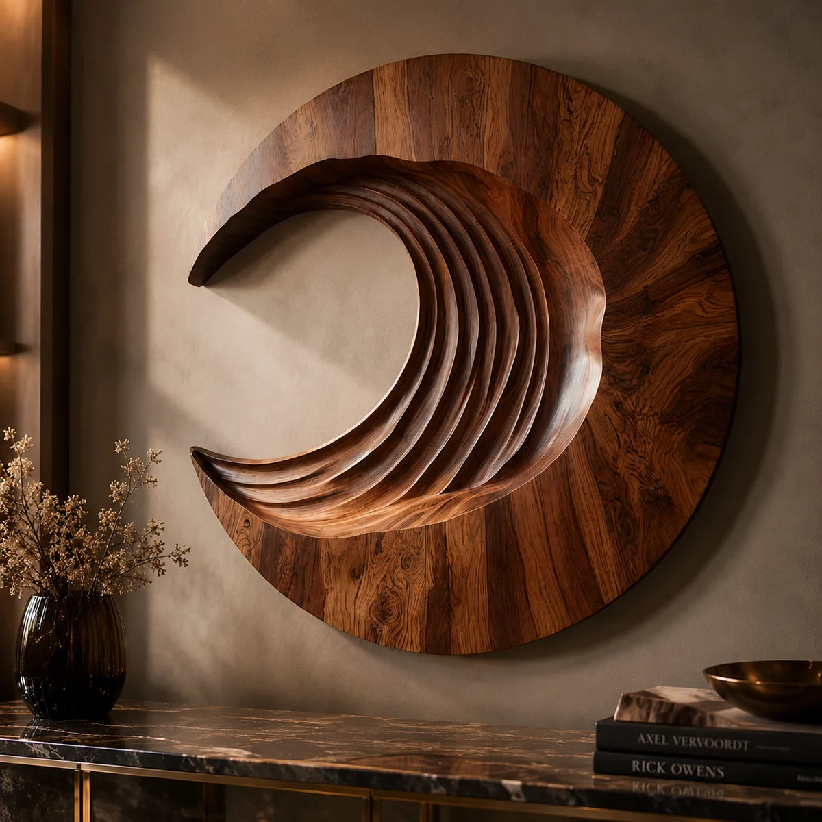 Abstract Crescent Wave Wood Wall Art | Large Round Wooden Wall Sculpture TT006-9169
