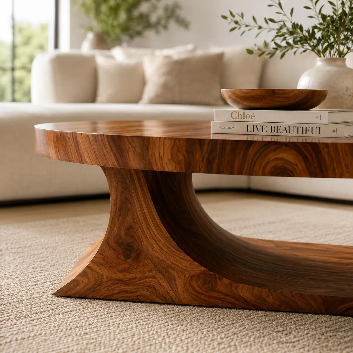 Oval Coffee Table, Organic Modern Wood Coffee Table, Sculptural Loop Base Center Table TT006-5586