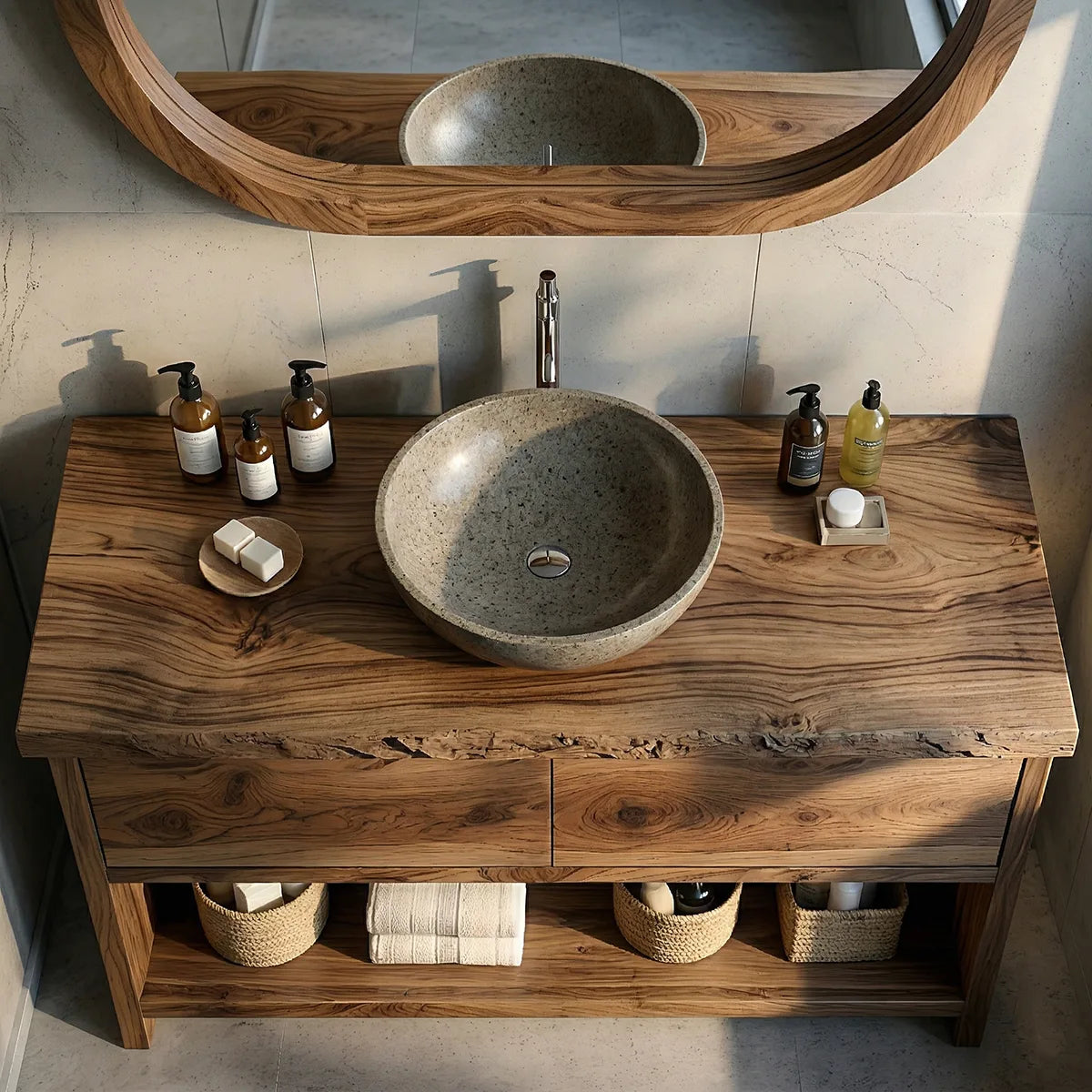 Solid Wood Bathroom Vanity with Live Edge Top, 2 Drawers, and Open Shelf