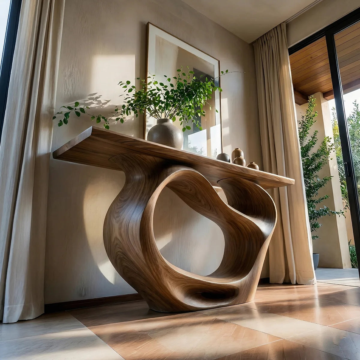 Sculptural Solid Wood Console Table with Organic Openwork Base