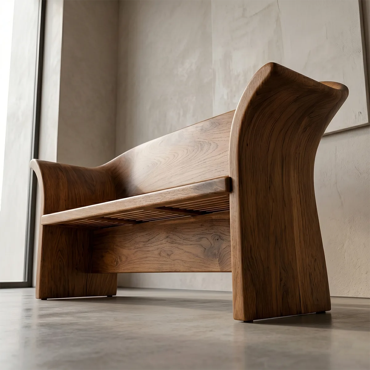 Curved Solid Wood Outdoor Bench with Sculptural Backrest