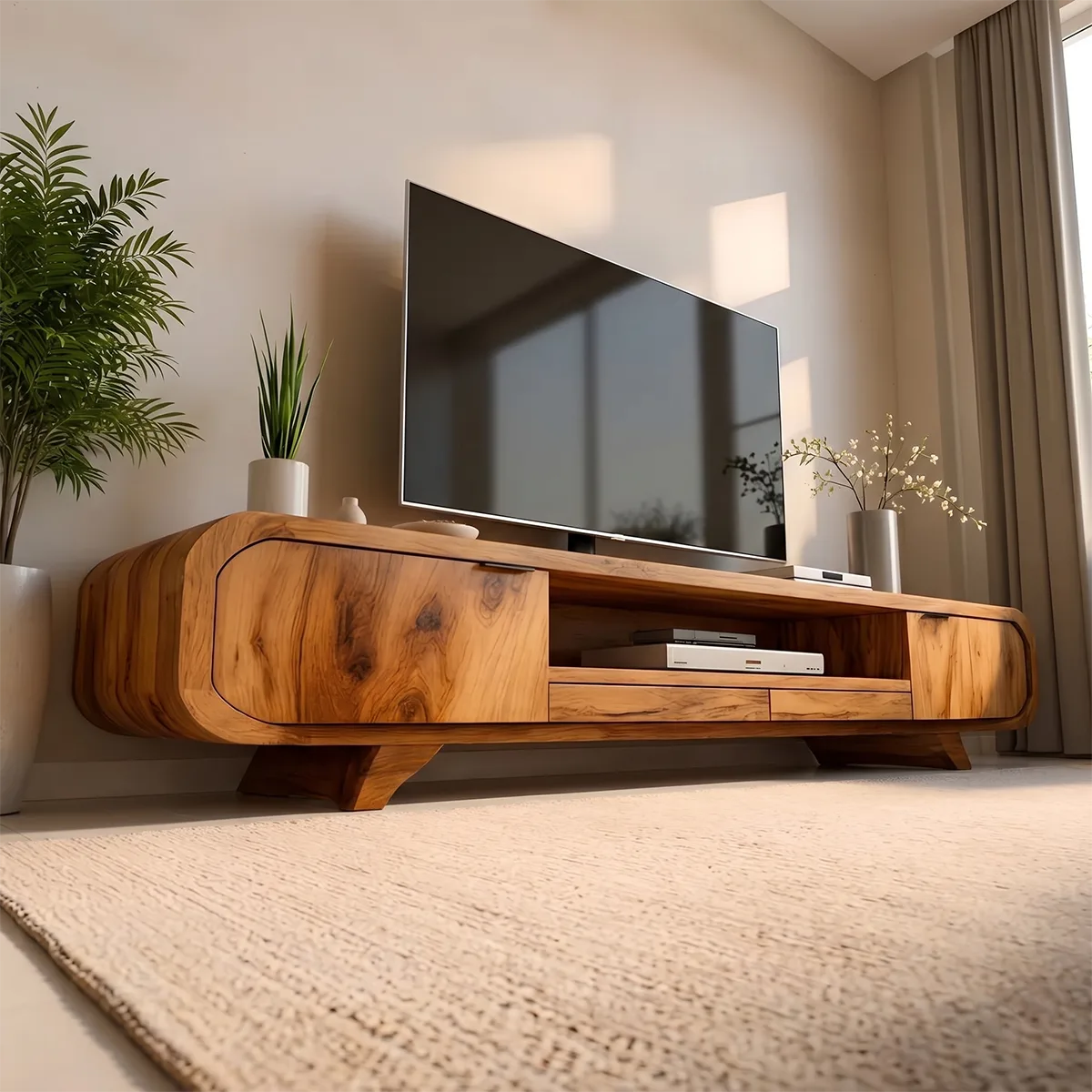 Mid Century Modern Solid Wood Rounded TV Stand with Cabinets