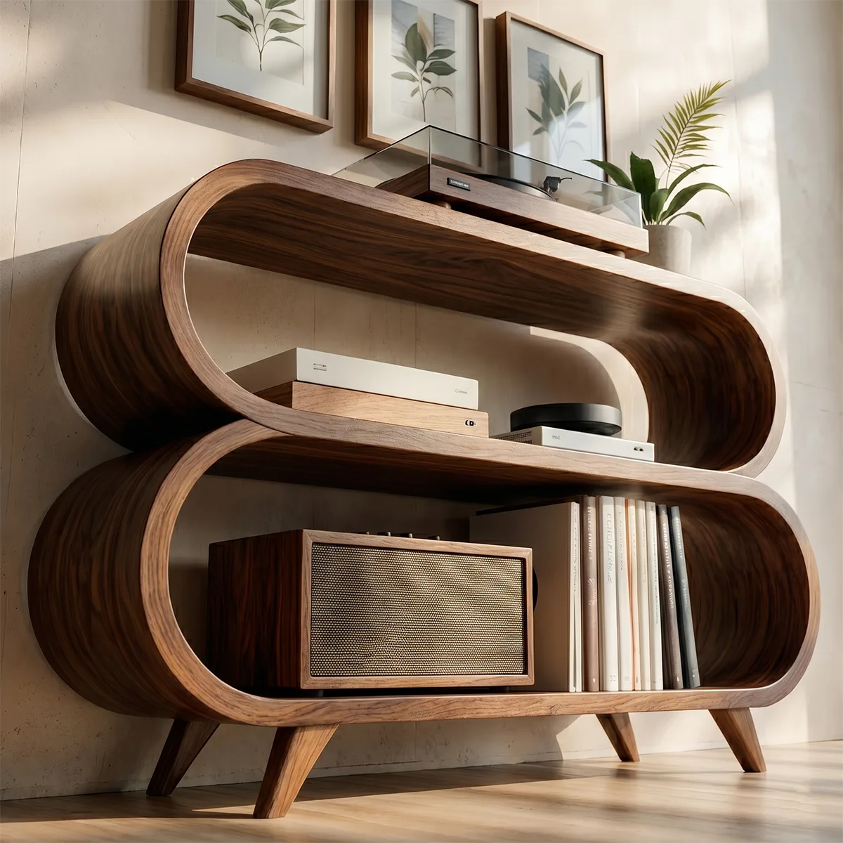 Organic Soft Wave Curved Wood Console Base | Mid-Century Modern Shelving
