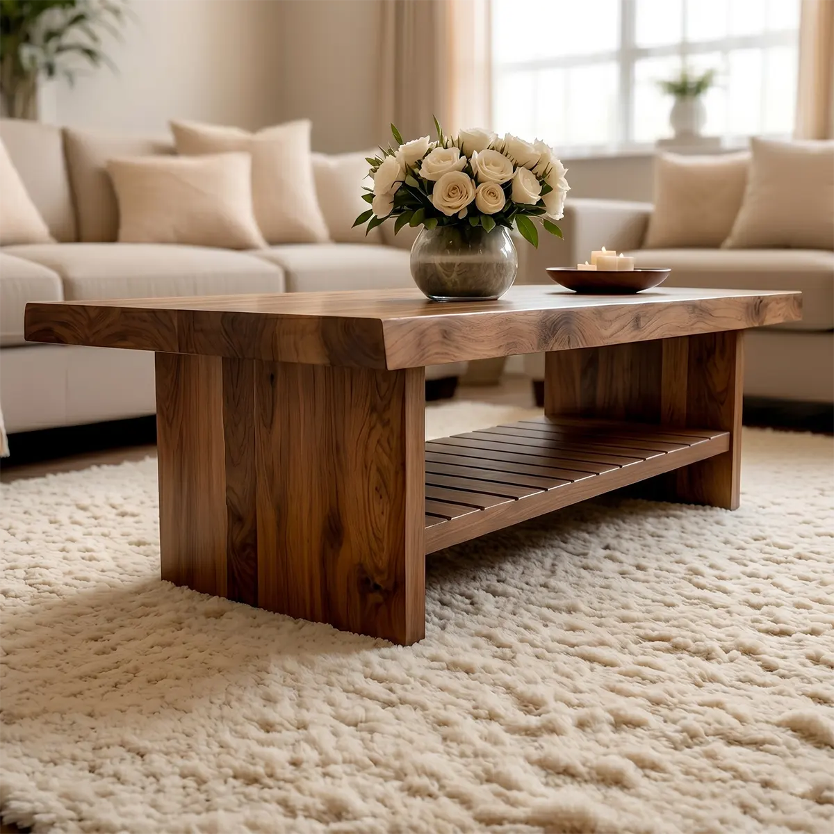 Modern Wooden Coffee Table with Slatted Open Shelf for Home Decor