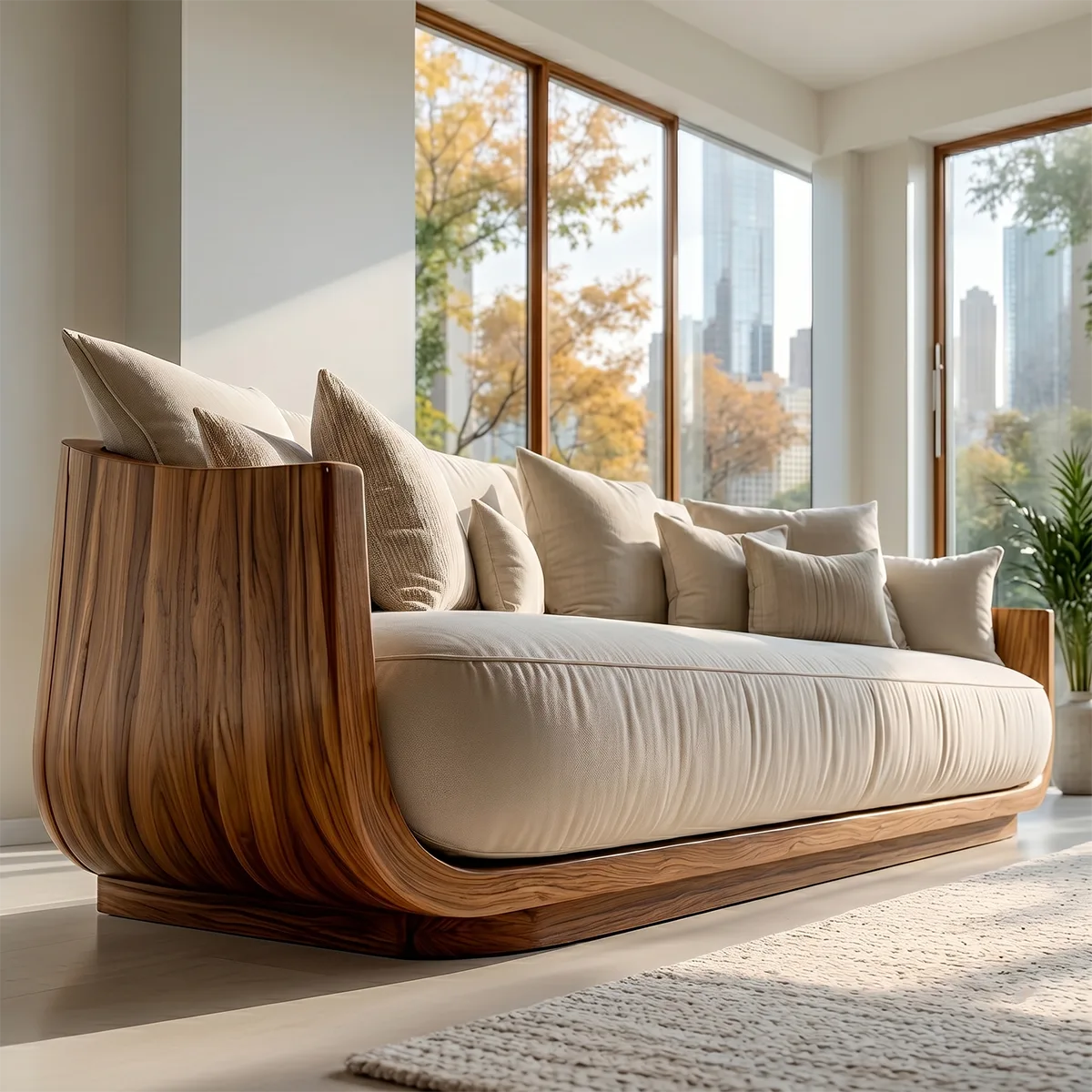Luxury Organic Modern Solid Wood Curved Sofa with Deep Cushioned Seating