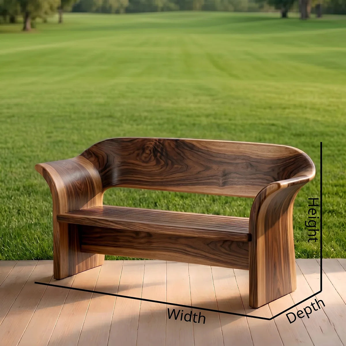 Curved Solid Wood Outdoor Bench with Sculptural Backrest