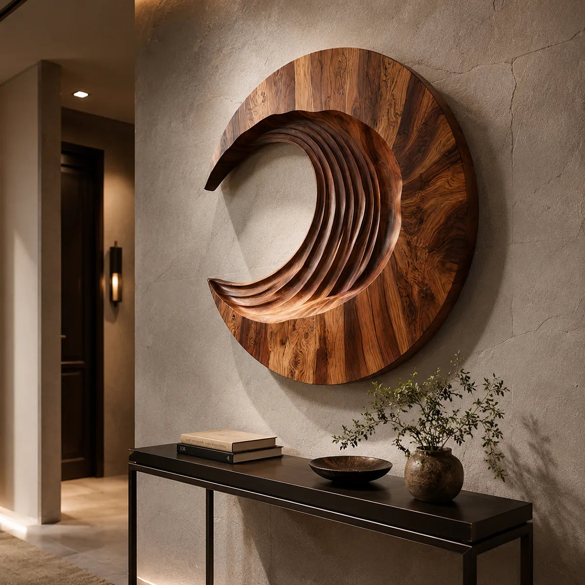 Abstract Crescent Wave Wood Wall Art | Large Round Wooden Wall Sculpture TT006-9169
