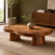 Organic Solid Wood Coffee Table | Sculptural Hardwood Cocktail Table with Dual Pedestal Base TT006-4930