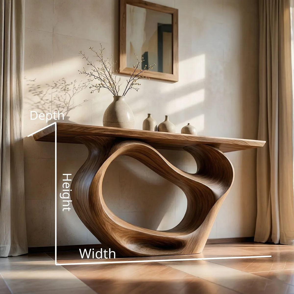 Sculptural Solid Wood Console Table with Organic Openwork Base