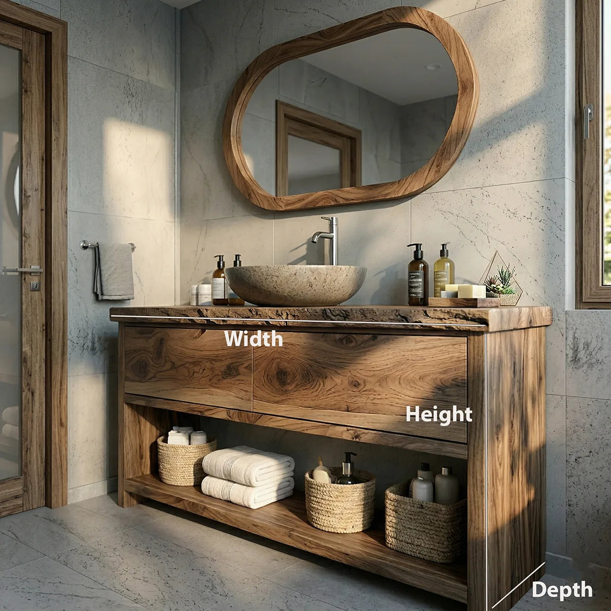 Solid Wood Bathroom Vanity with Live Edge Top, 2 Drawers, and Open Shelf