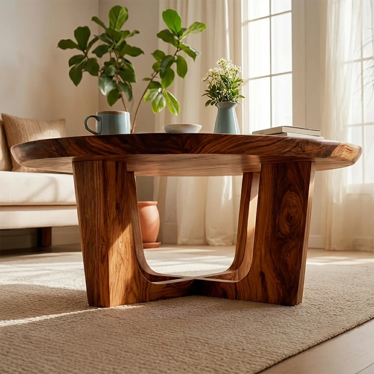 Round Solid Wood Coffee Table – Handcrafted Rustic Modern Living Room Table