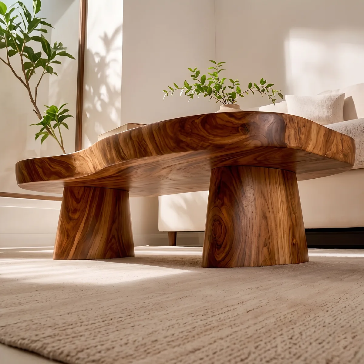Organic Solid Wood Coffee Table | Sculptural Hardwood Cocktail Table with Dual Pedestal Base TT006-4930