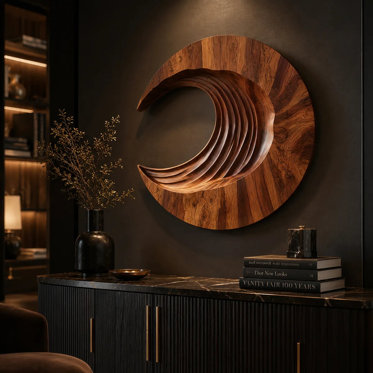 Abstract Crescent Wave Wood Wall Art | Large Round Wooden Wall Sculpture TT006-9169
