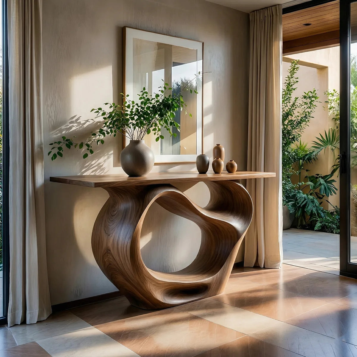 Sculptural Solid Wood Console Table with Organic Openwork Base