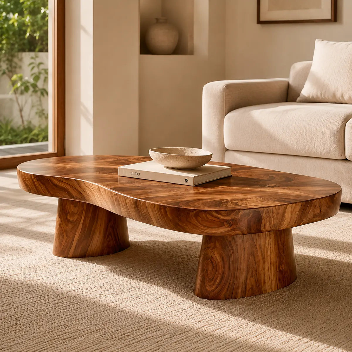 Organic Solid Wood Coffee Table | Sculptural Hardwood Cocktail Table with Dual Pedestal Base TT006-4930