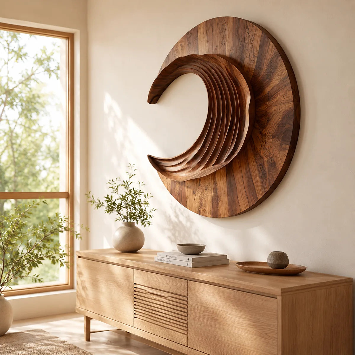 Abstract Crescent Wave Wood Wall Art | Large Round Wooden Wall Sculpture TT006-9169