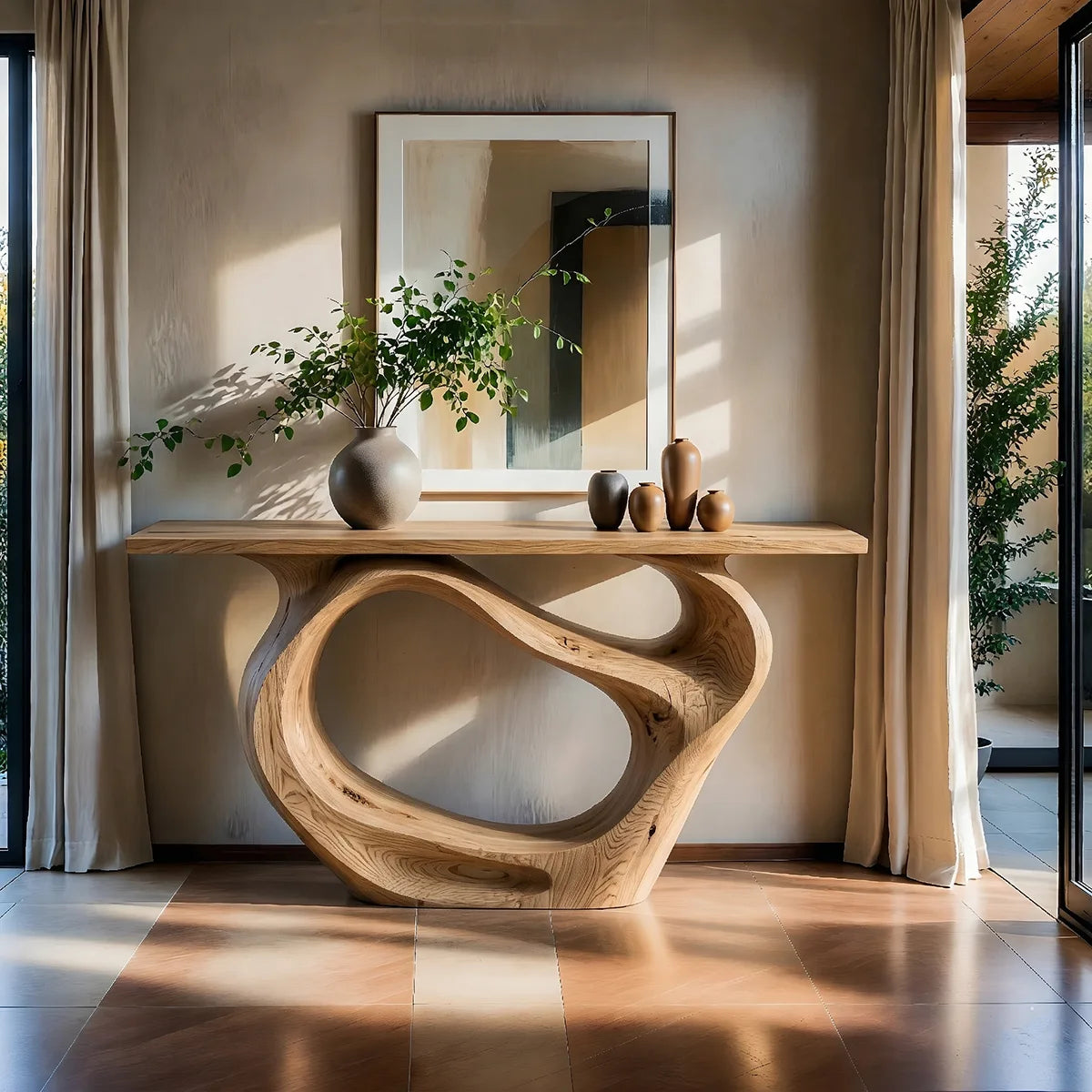 Sculptural Solid Wood Console Table with Organic Openwork Base